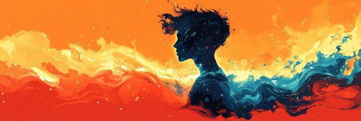 Sticker - Silhouette of a Person in a Dark Blue Swirling Design Surrounded by Vibrant Orange and Yellow Abstract Paint Splatters and Brushstrokes