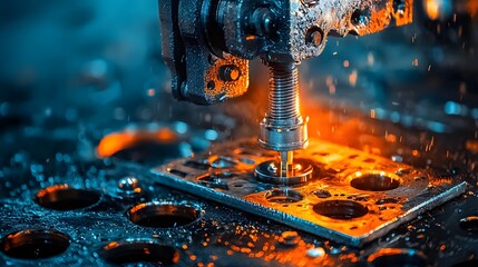 Aufkleber - Powerful hydraulic press shaping metal sheets into precise intricate forms for industrial manufacturing and metalworking processes  High intensity sparks heat