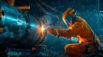 Leinwandbilder - Robotic welding machine constructing large industrial metal pipeline in a manufacturing workshop with sparks and fire  Automated industrial fabrication and construction process