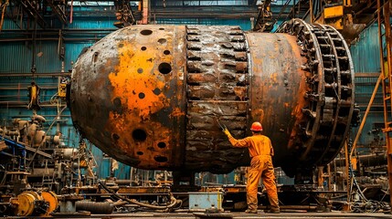 Leinwandbilder - Skilled Operator Carving Massive Metal Cylinder Using Powerful Industrial Lathe Machine in Busy Manufacturing Workshop