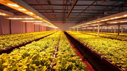 Wall Mural - Hydroponic greenhouse with rows of plants under LED lights, plants, hydroponic