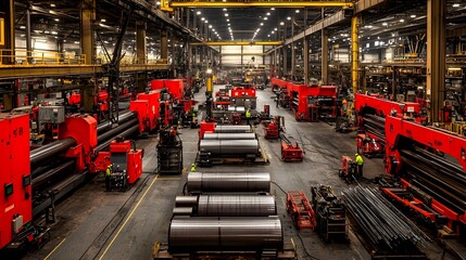 Aufkleber - Wide angle view of an automated steel rolling mill producing long metal beams in a large industrial factory setting