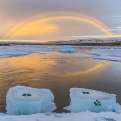 Wall Mural - Stunning Iceberg Landscape with Double Rainbow Reflection and Irish Shamrocks in Arctic Waters at Sunset, Perfect for Environmental and Nature Enthusiasts