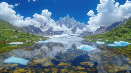 Wall Mural - Stunning Mountain Landscape with Crystal Clear Lake Reflecting Snowcapped Peaks and Lush Greenery Under Blue Sky with Fluffy Clouds in Scenic Wilderness