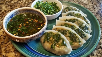 Wall Mural - Korean Mandu: Savory Dumplings Served with Dipping Sauce