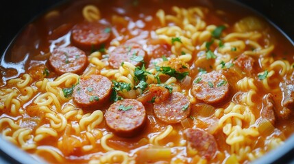 Wall Mural - Korean Budae Jjigae: Spicy Army Stew with Sausage and Toppings