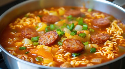 Wall Mural - Korean Budae Jjigae: Spicy Army Stew with Sausage and Toppings