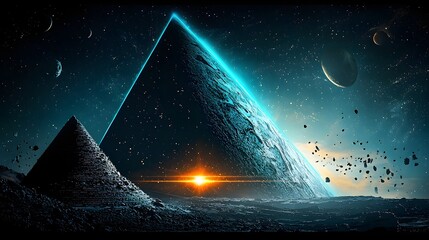 Aufkleber - Mysterious glowing triangular anomaly hovering in the night sky against a backdrop of stars planets and cosmic phenomena  This surreal