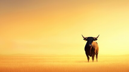 Wall Mural - Cow in Golden Field at Sunset