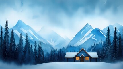 Wall Mural - Cozy Cabin in Winter Wonderland Landscape