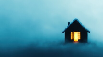 Poster - Cozy House in Misty Fog with Warm Light at Night