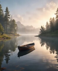 Naklejka na meble Relaxing landscape painting of mist-covered lake and solitary boat, lake, watercolor, peaceful, landscape