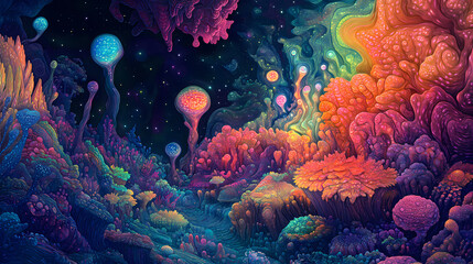 Poster - Vibrant colors showcase imaginative lifeforms on a distant exoplanet landscape. generative ai. Bioluminescent Lifeforms. Illustration