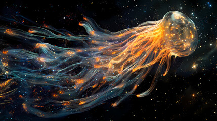 bioluminescent tendrils extending from the being connecting with distant stars creating a web of ene
