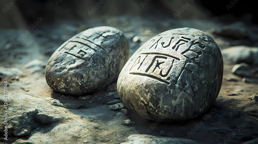 Ancient stone script: two grey, smooth stones, each bearing mysterious ...