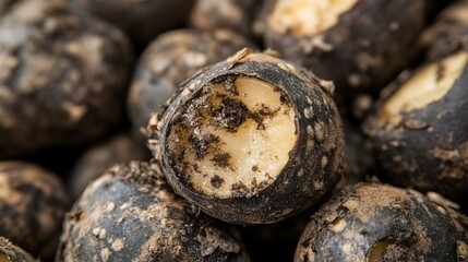 Wall Mural - Close-up of Freshly Harvested Water Chestnuts: A detailed macro shot reveals the dark brown, mud-caked texture of freshly harvested water chestnuts, highlighting their unique shape and earthy tones.