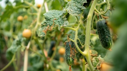 Wall Mural - Cucumbers and Tomatoes on the Vine:  A close-up shot reveals vibrant green cucumbers and yellowing tomatoes growing together on a lush vine, showcasing the natural abundance of a thriving garden.