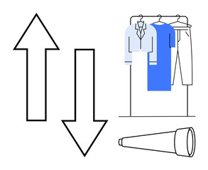 Wall Mural - Up and down arrows next to clothes on hangers and a telescope on a stand. Ideal for business strategy, market trends, fashion industry, decision making, planning, forecasting, vision. Line metaphor