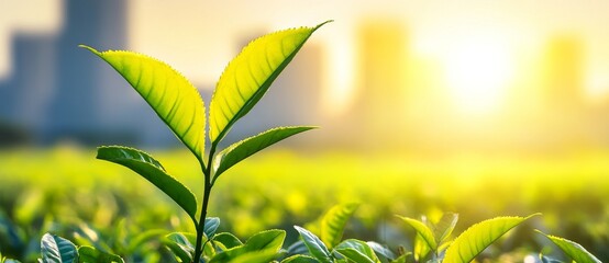 Wall Mural - A visual of a city skyline and greenery under sunlight, emphasizing global sustainability and allowing for text to support renewable energy initiatives