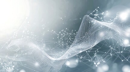Gray abstract poster background featuring dynamic waves and connected network visuals