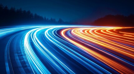 Poster - A vibrant night scene showing colorful light trails from moving vehicles on a curved road, set against a dark backdrop of trees.
