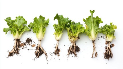 Wall Mural - Lettuce Roots: A close-up shot of five freshly harvested lettuce plants with roots and soil attached, showcasing the plant's growth from seed to harvest. The clean.