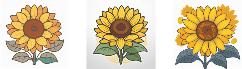 Wall Mural - Triple image showcases stylized sunflowers using a double exposure effect.  Vibrant colors and varying artistic interpretations create a visually appealing botanical theme.