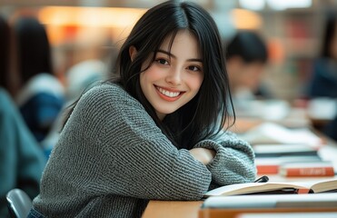 Wall Mural - A woman is sitting at a desk with a book in front of her