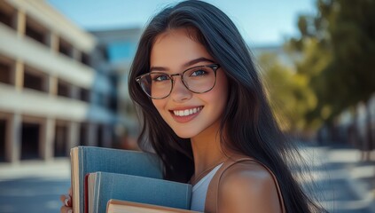 Poster - A woman wearing glasses is smiling and holding a stack of books