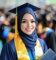 Wall Mural - A woman wearing a blue and yellow graduation gown is smiling