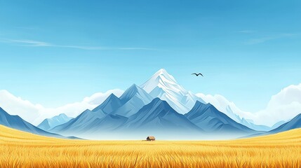 Wall Mural - serene mountain landscape with wheat field and house