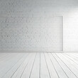 © Siasart Stock - White Room Interior with Brick Wall and Wooden Floor creates a Clean and Minimalist Space.