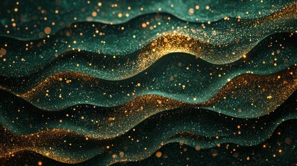 Festive background with waves of golden sparkles and shiny glitter bokeh lights on a green canvas.