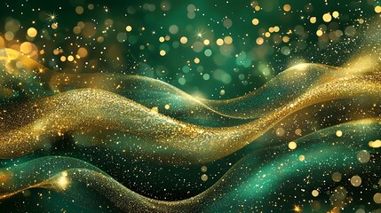 Festive background with waves of golden sparkles and shiny glitter bokeh lights on a green canvas.