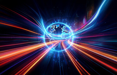 Wall Mural - abstract globe with vibrant light trails, conveying speed and global connection. dynamic blue, orang