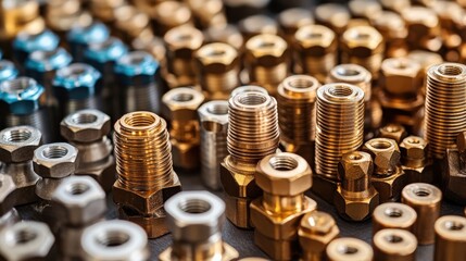 Wall Mural - Close-up of various metallic nuts and bolts arranged neatly on a surface, showcasing diversity