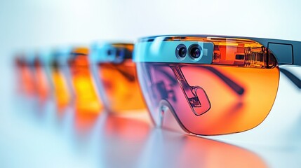 A close-up view of futuristic smart glasses in various colors lined up against a soft backdrop