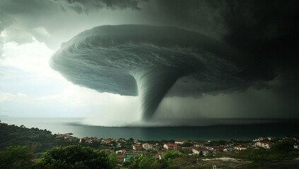 a powerful tornado descends over the sea with a menacing dark cloud, a breathtaking natural phenomen