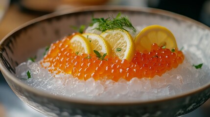 Leinwandbilder - An artistic representation of salmon roe served on a bed of ice, garnished with lemon slices and fresh herbs, highlighting the luxurious side of seafood cuisine