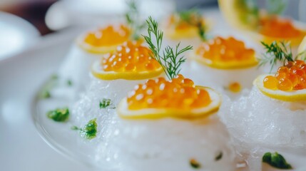 Leinwandbilder - An artistic representation of salmon roe served on a bed of ice, garnished with lemon slices and fresh herbs, highlighting the luxurious side of seafood cuisine