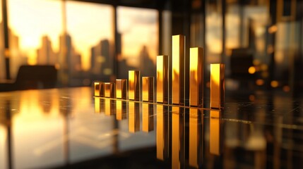 Poster - A D bar graph showcasing business profits, with bold, stacked bars representing various revenue streams, set on a reflective surface in a modern office setting.