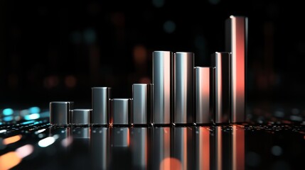 Aufkleber - A D financial bar graph with metallic bars, representing revenue comparison between different companies, placed on a reflective surface with a sleek black background.