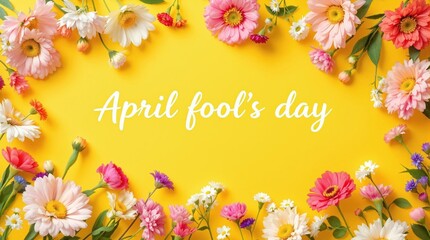  Colorful floral border with april fool's day text on vibrant yellow background