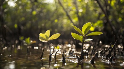 Poster - A close-up of mangrove leaves with water droplets, capturing the details of their texture and color against the backdrop of the forest