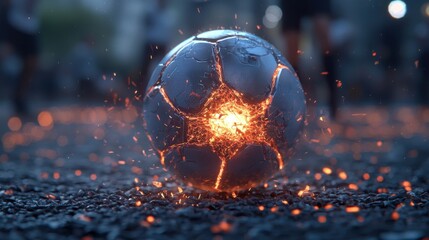 Wall Mural - Futuristic and dynamic scene of a football match with a glowing fiery energy sphere in motion creating a captivating and high tech atmosphere in the sports arena