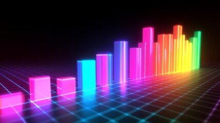 Fototapete - A colorful D bar graph rising on a grid background, with glowing bars representing data growth, and labels indicating different statistics.