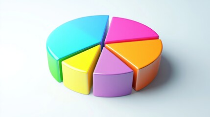Leinwandbilder - A colorful D pie chart with vibrant segments floating slightly above a white surface, each slice labeled clearly to represent different data categories.