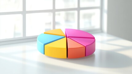 Leinwandbilder - A colorful D pie chart with vibrant segments floating slightly above a white surface, each slice labeled clearly to represent different data categories.