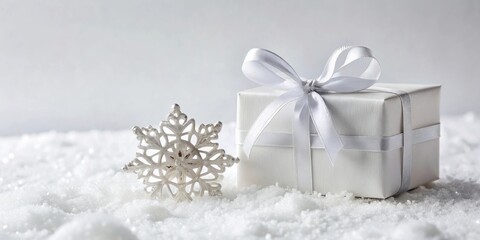 Wall Mural - A white gift box with a silver snowflake in the snow, a winter holiday scene