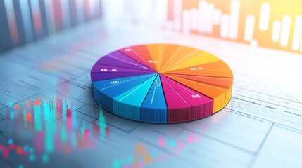 Wall Mural - A colorful financial pie chart showing market shares, with labeled sections representing stocks, bonds, and investments, displayed on a white background with clean lines.